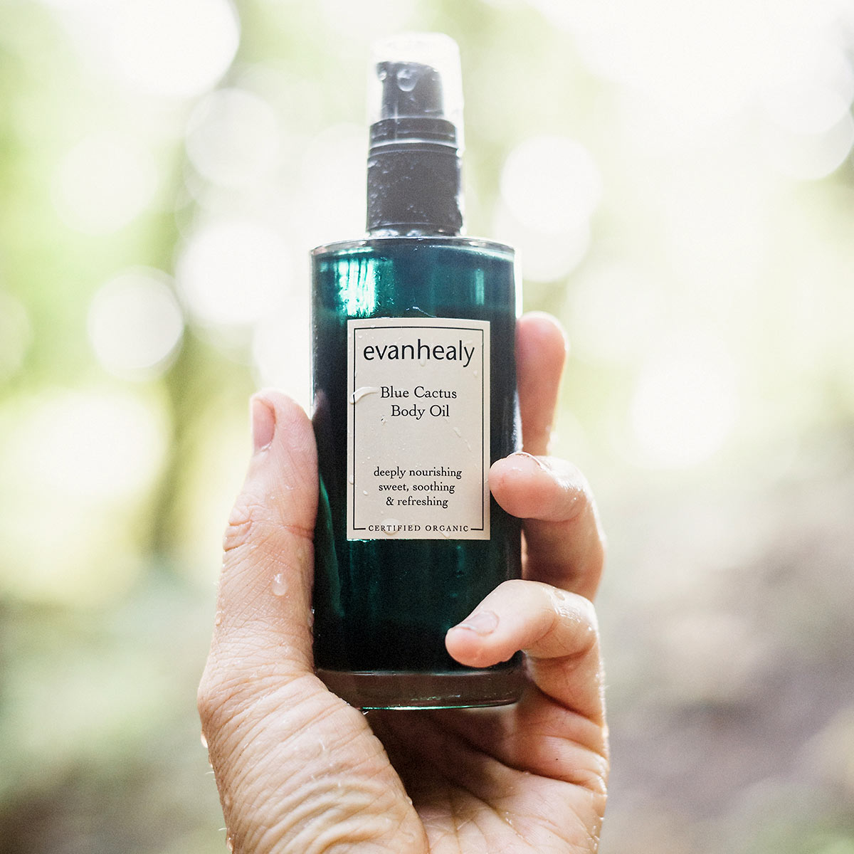 blue cactus body oil moisturizer in hand