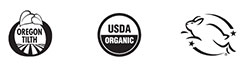 Oregon Tilth, USDA Organic, and Leaping Bunny certification logos