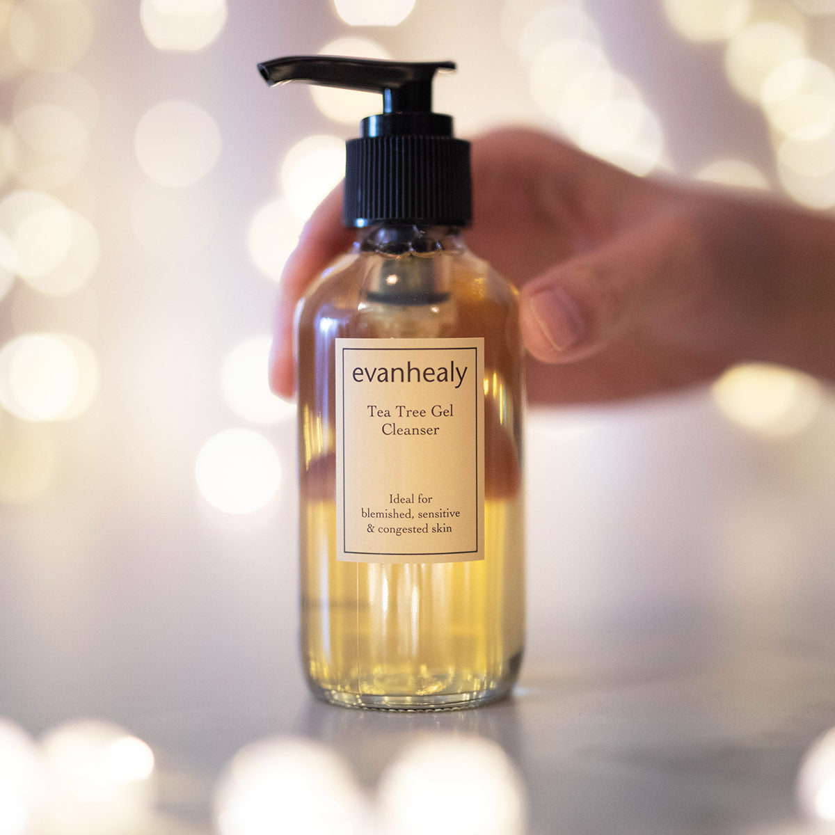 evanhealy tea tree cleansing gel facial cleanser in hand