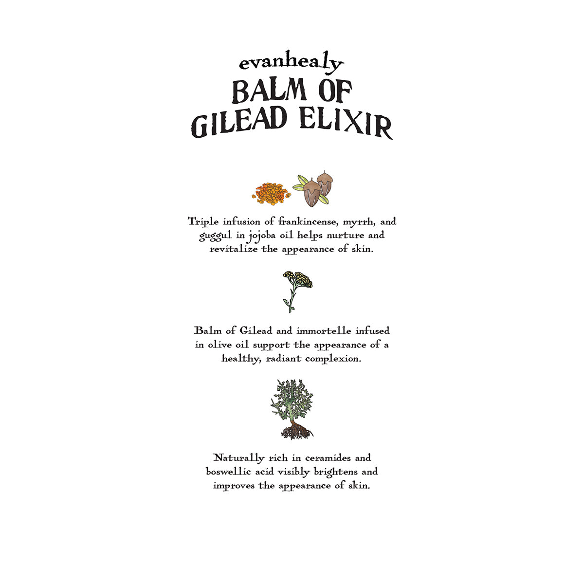 Balm of Gilead Elixir card describing its botanical ingredients and calming, barrier-support benefits