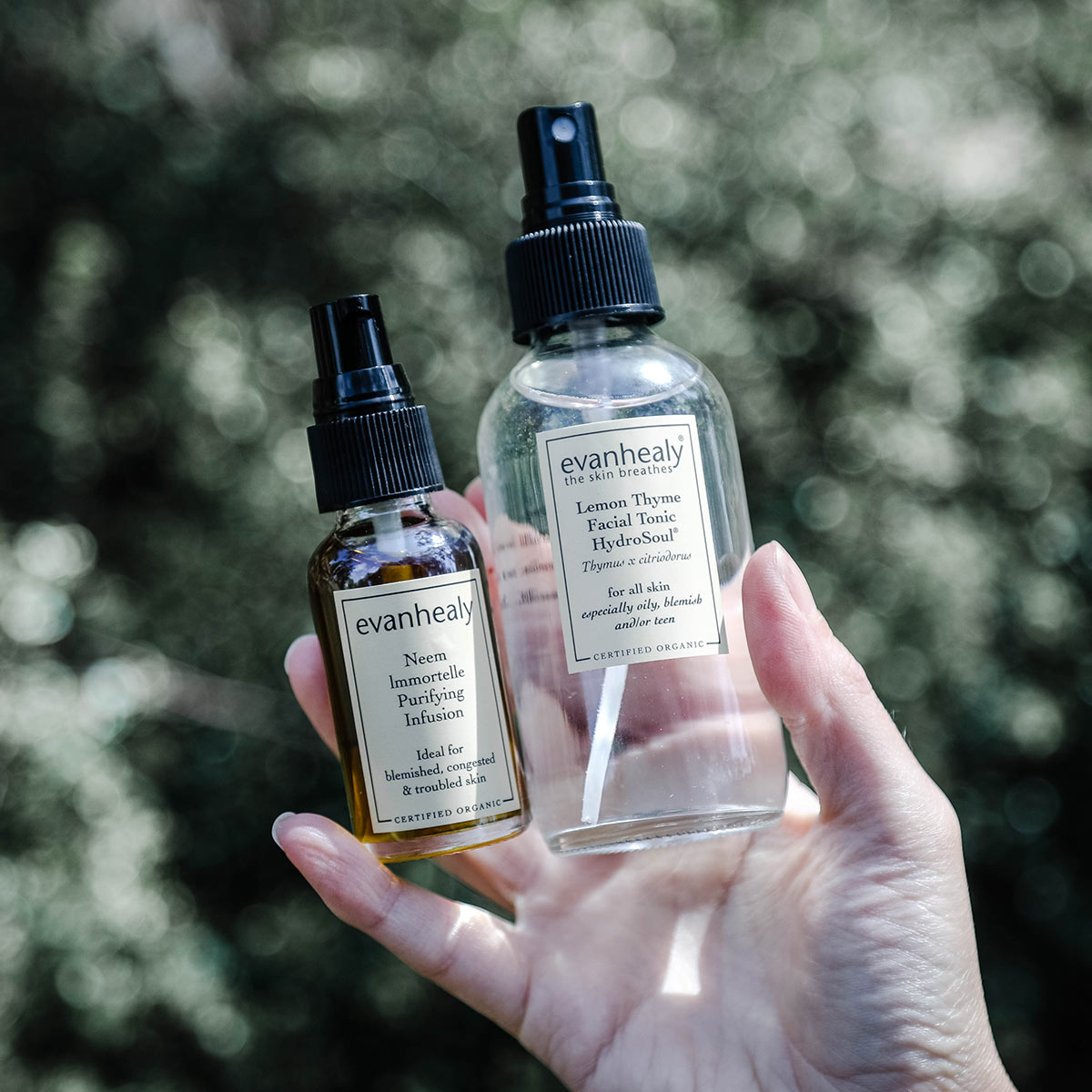 purfiying ritual in hand with neem immortelle oil cleanser and lemon thyme hydrosol