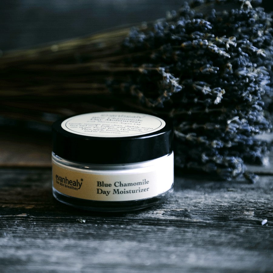 blue chamomile moisturizer with lavender bouquet