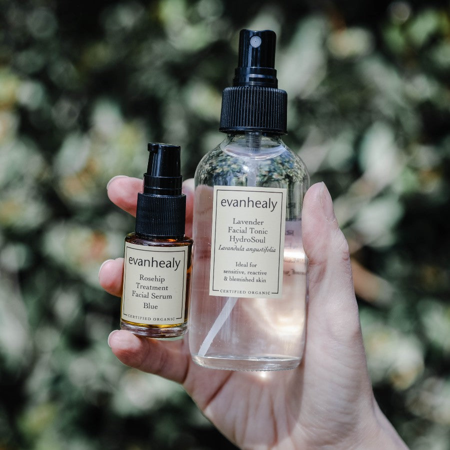 calming skincare ritual products for sensitive skin in hand in nature