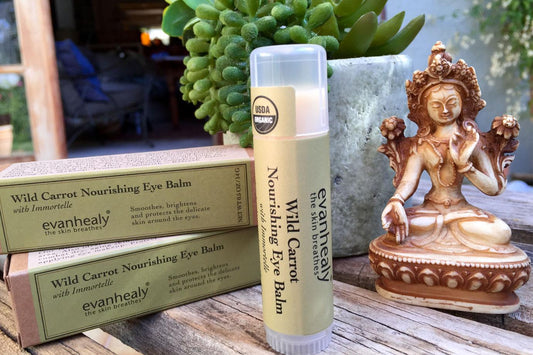 Front view of Wild Carrot Immortelle Eye Balm tube and boxes with USDA Organic seal on table with succulent and statue