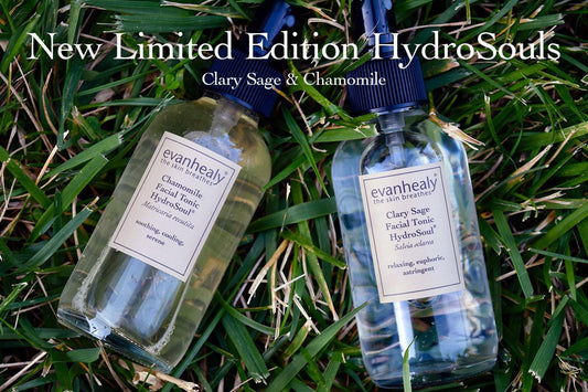 Top-down view of two HydroSoul facial tonic bottles (Clary Sage and Chamomile) showing spray tops and labels on grass