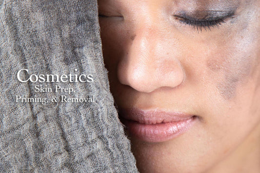 Close-up of woman’s face with eyes closed against a textured cloth, overlaid text Cosmetics Skin Prep, Priming & Removal