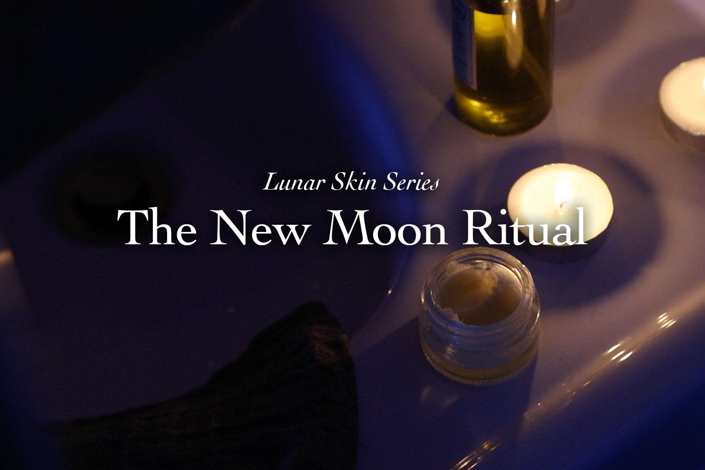 Banner reading ‘Lunar Skin Series’ and ‘The New Moon Ritual’ over lit candles and a small open skincare jar
