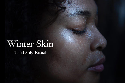 Banner showing close-up side profile of a woman with dewy skin and water droplets, with overlay headline Winter Skin — The Daily Ritual