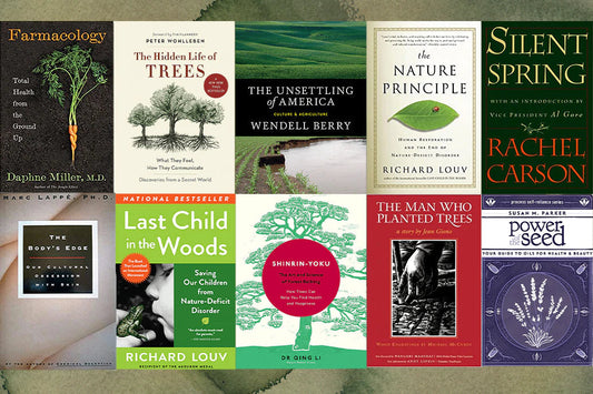 Grid of 10 book covers showing Evan’s recommended nature, health, and forest-themed titles