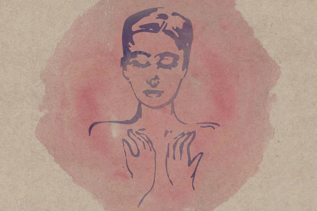 Woman with hands on her décolleté against a pink watercolor circle, calming self-care illustration