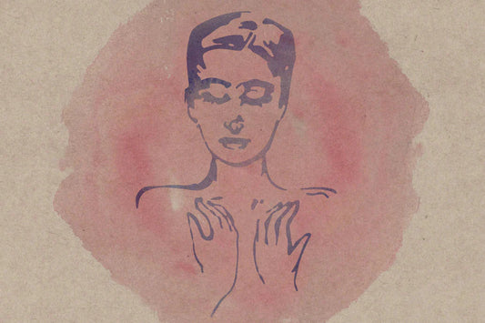 Woman with hands on her décolleté against a pink watercolor circle, calming self-care illustration