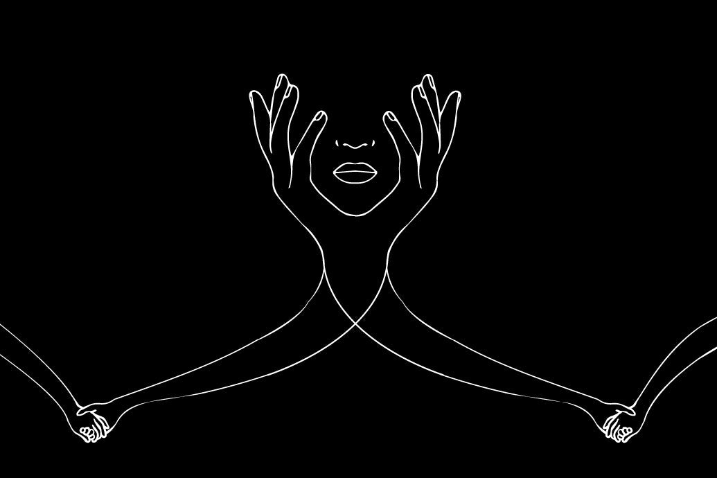 A very artistical image of two hands embracing a face showing lips and nose. The hands are holding another hands in the place of the arm.