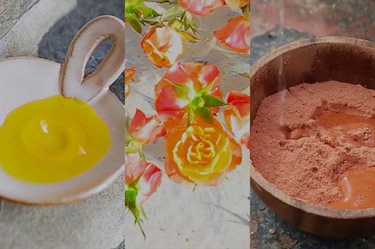 Triptych of skincare ingredients: dish of golden oil, orange roses, and a wooden bowl of pink clay with liquid