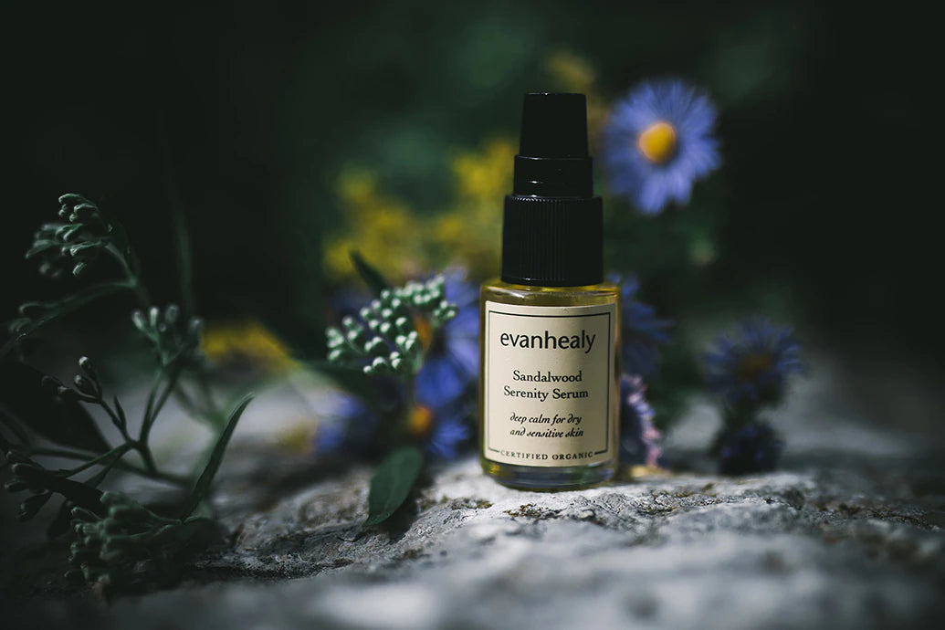 Front view of Sandalwood Serenity Serum bottle showcasing black spray pump and amber facial oil with stone surface and blurred purple wildflowers in background