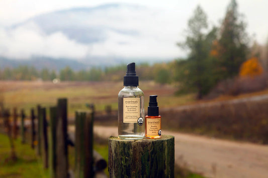 Front view of two Evan Healy products, a rose geranium hydrosol spray and a rosehip serum, on a fence post with blurred countryside