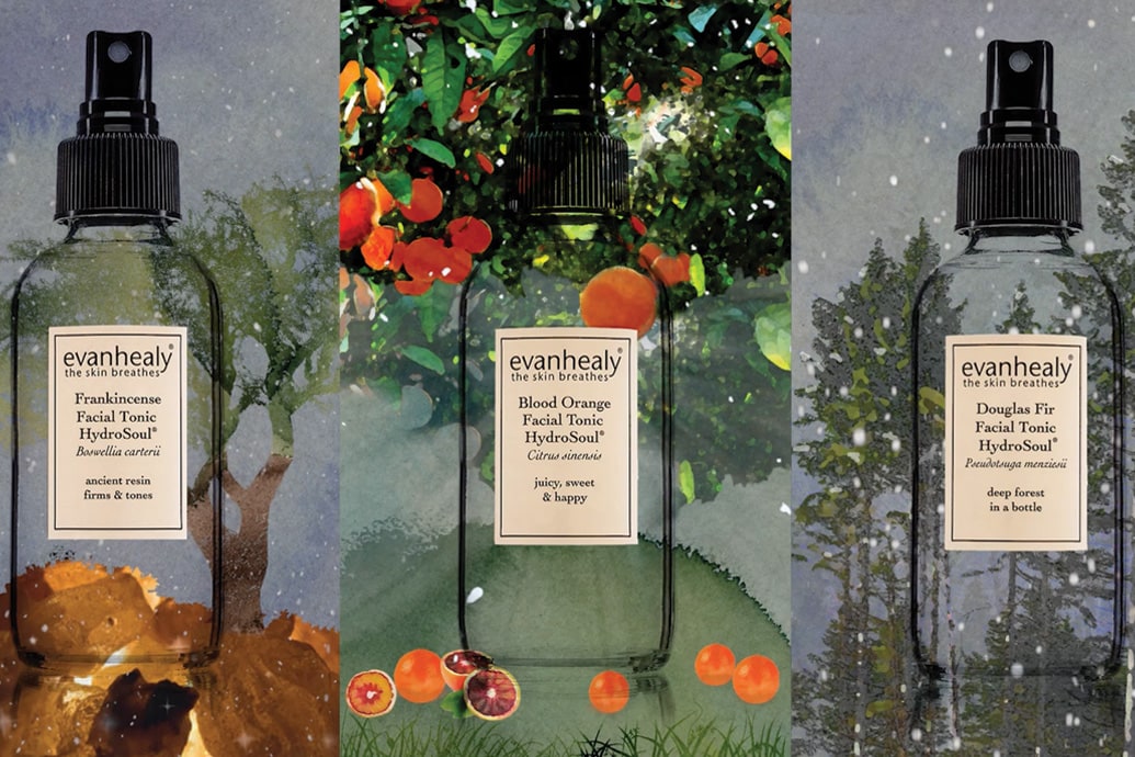Front view of three HydroSoul facial tonics (Frankincense, Blood Orange, Douglas Fir) with labels and spray tops on nature backgrounds