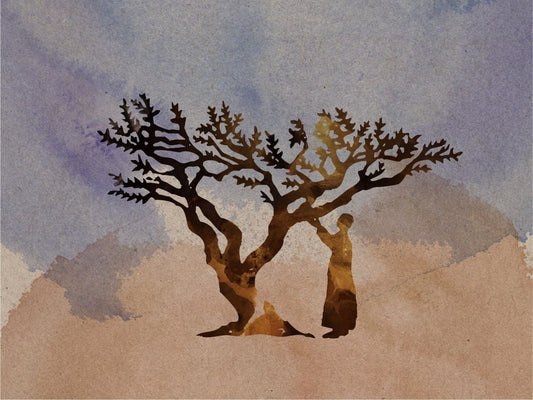 Figure reaching into the branches of a frankincense tree, watercolor silhouette on a textured paper background
