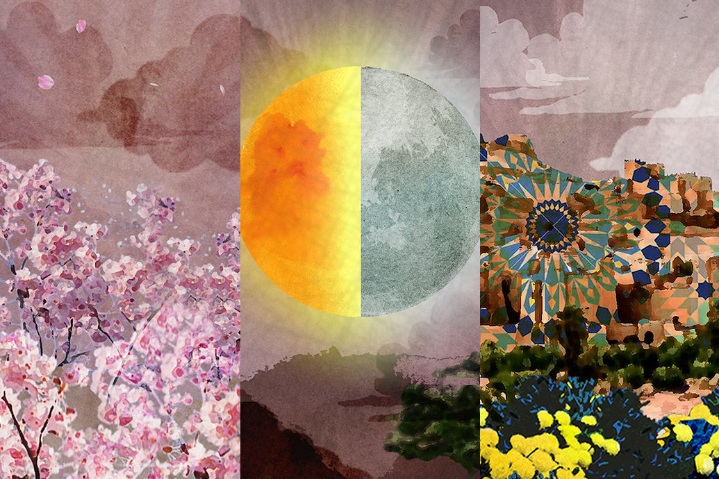 Three-panel illustration: cherry blossoms; a golden half-sun and half-moon over misty hills; mosaic tiles and flowers
