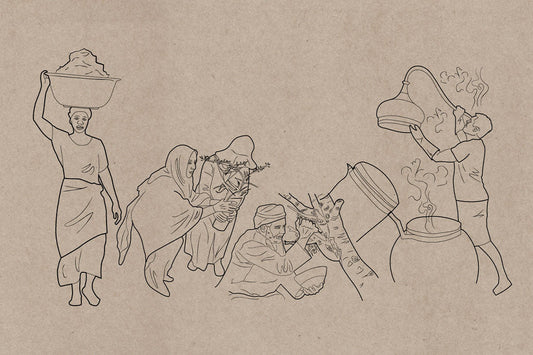 Illustration of people planting, tending, harvesting, and distilling medicinal plants, sketch on kraft paper background