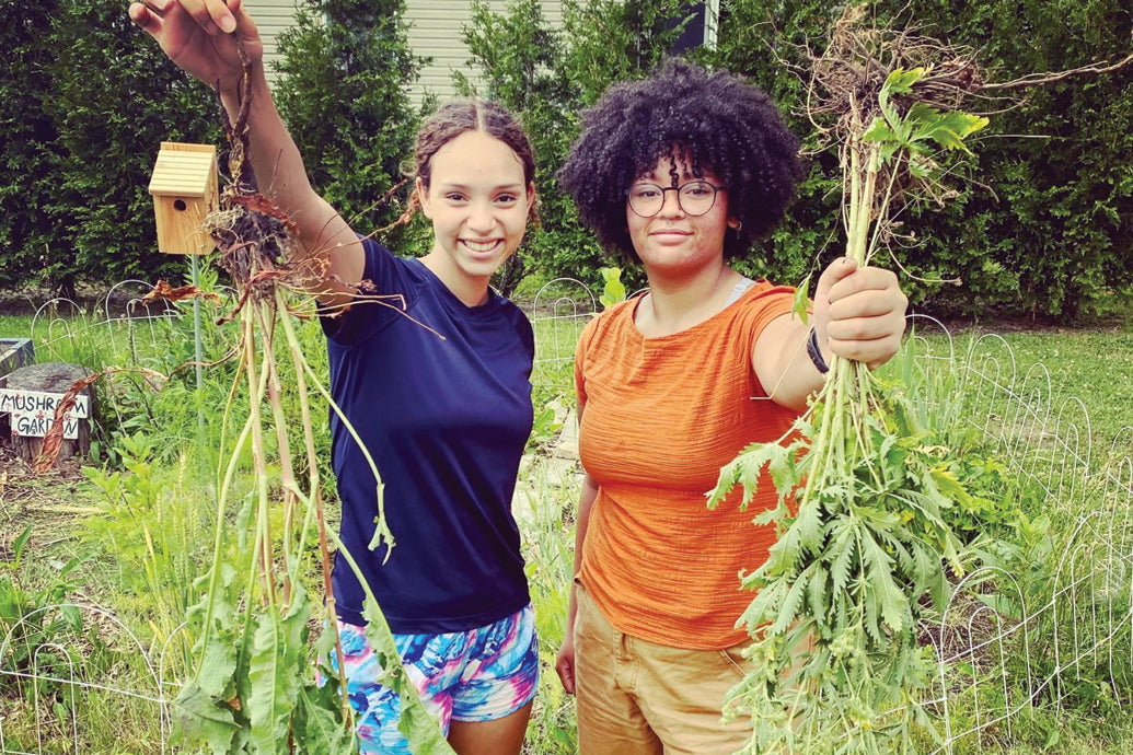 Two smiling people holding freshly pulled plants with roots in a backyard garden