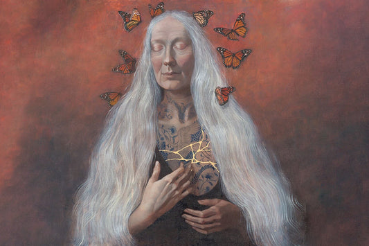 Older woman with long white hair and closed eyes, with monarch butterflies and gold kintsugi on her chest, red background