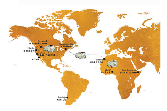 Map showing ingredient sourcing routes between California, Chile, Morocco, Ghana, Somaliland, and U.S. sites Washington, Oregon, Vermont