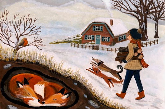 Woman carrying firewood walks through a snowy landscape with two foxes running beside her and a sleeping fox in a den, cottage in the background
