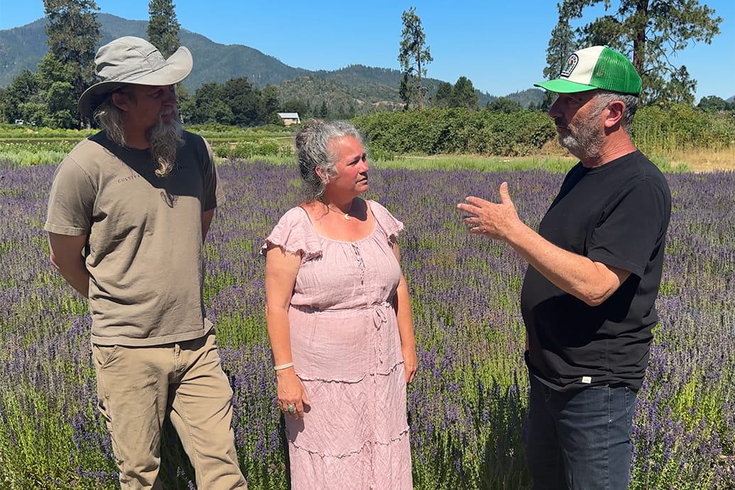 Three people talking amid blooming lavender rows at Oshala Farm with forested hills and clear blue sky behind them
