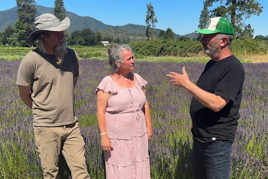 Three people talking amid blooming lavender rows at Oshala Farm with forested hills and clear blue sky behind them