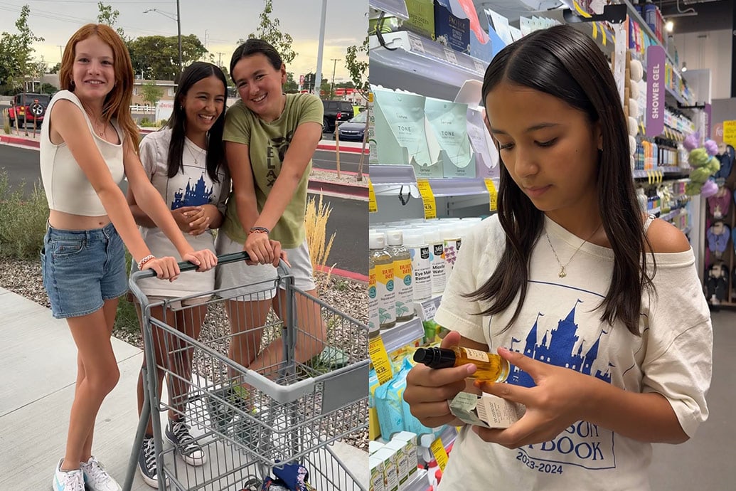 Three teenage girls leaning on a shopping cart outdoors paired with a teen reading a skincare bottle in a store aisle