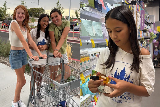 Three teenage girls leaning on a shopping cart outdoors paired with a teen reading a skincare bottle in a store aisle