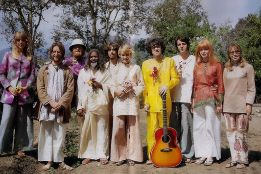 Ten people in 1960s clothing standing outdoors with flowers, one musician in a bright yellow suit holding an acoustic guitar