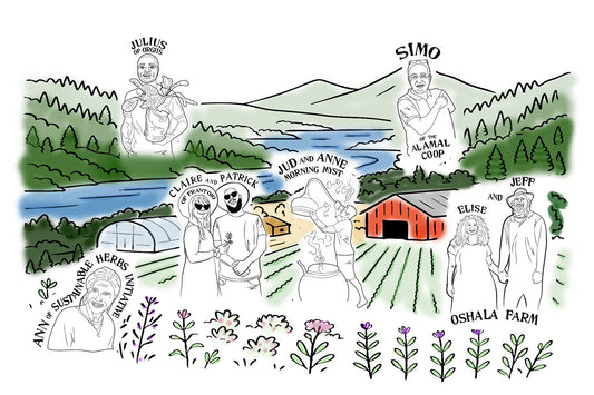 Illustrated farm scene labeled with growers’ names, including Julius and Simo, showing Oshala Farm, red barn, lake, crop rows and herbs