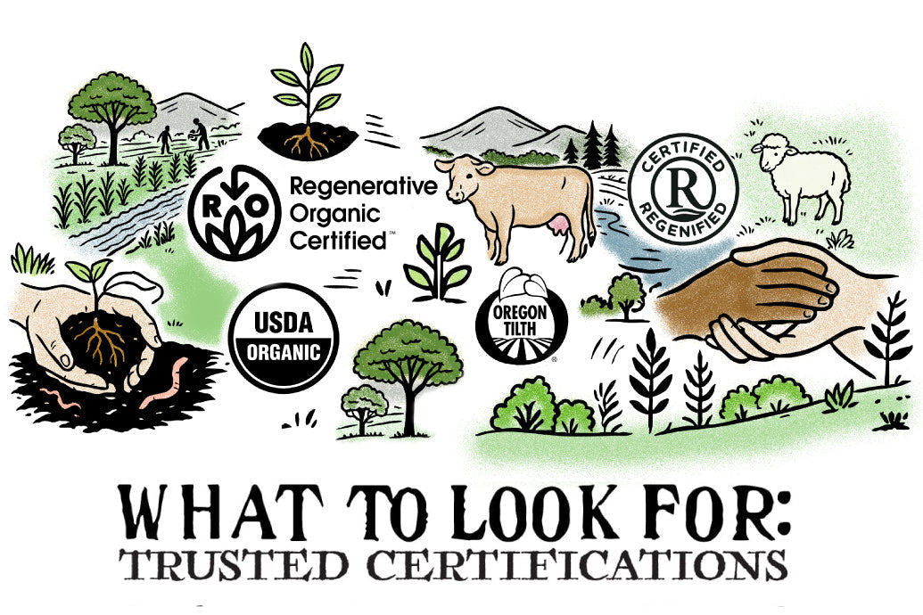 Illustration of farm scenes with certification logos and headline What to Look For: Trusted Certifications