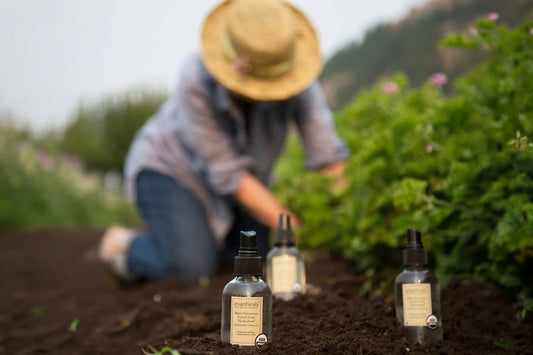 Three evanhealy skincare bottles set in soil with a person in a straw hat kneeling to tend plants blurred in the background