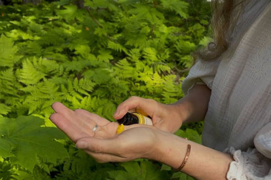 Hands dispensing golden facial oil from a dropper into a palm with green ferns in the background