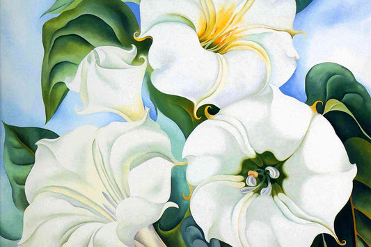 Close-up painting of three large white flowers with curling green leaves against a soft blue background