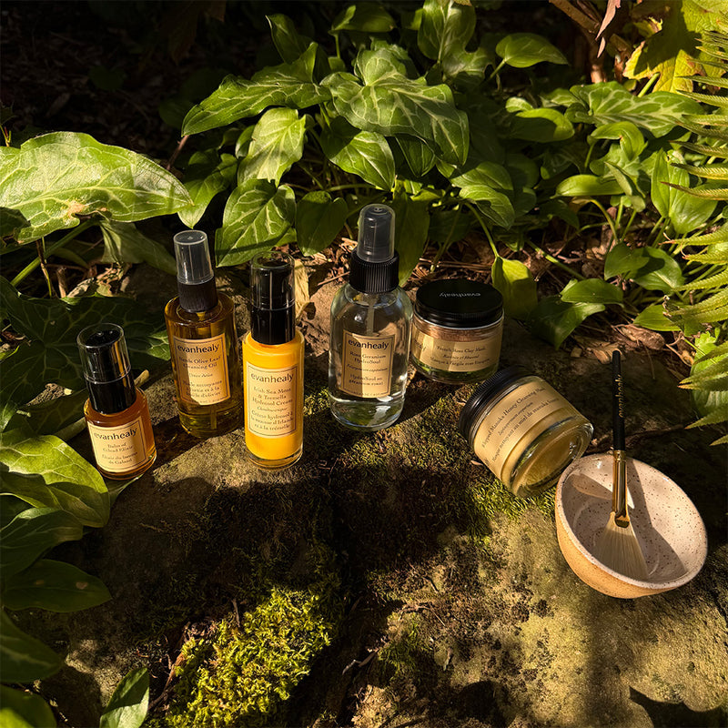 Angled view of A Ritual of Landscape skincare assortment showcasing amber bottles and jars among foliage and moss