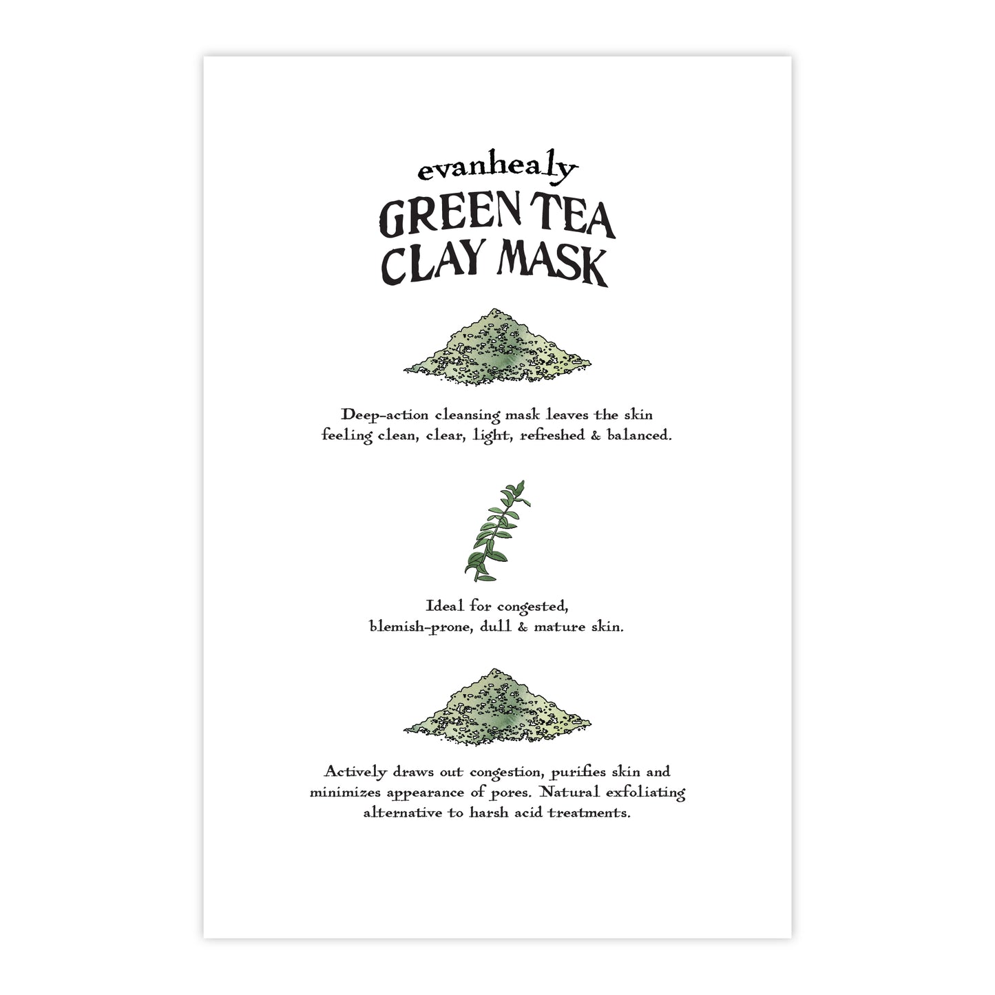 Back view of 4x6 Green Tea Clay Folklore postcard showcasing Green Tea Clay Mask text on a white background