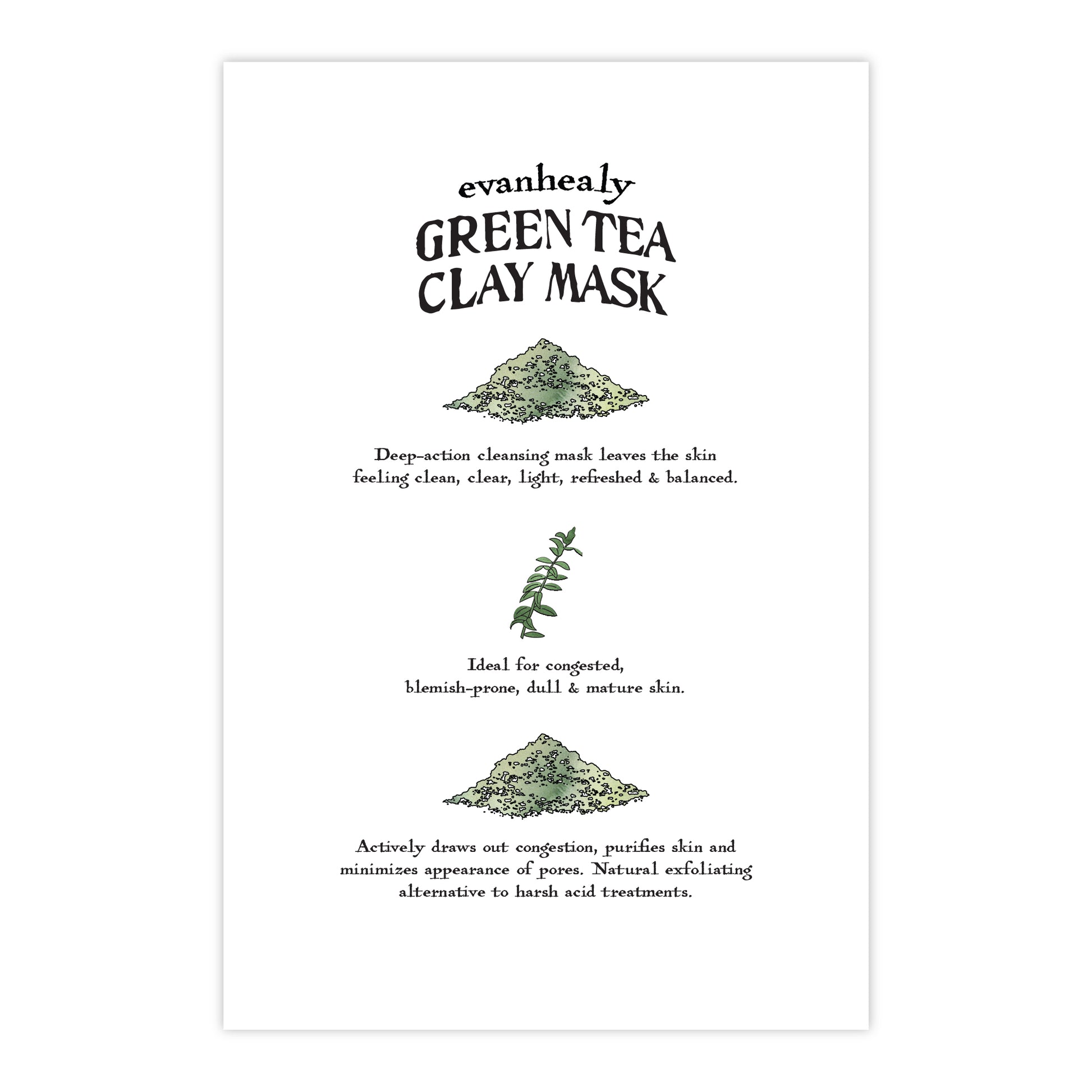 Back view of 4x6 Green Tea Clay Folklore postcard showcasing Green Tea Clay Mask text on a white background