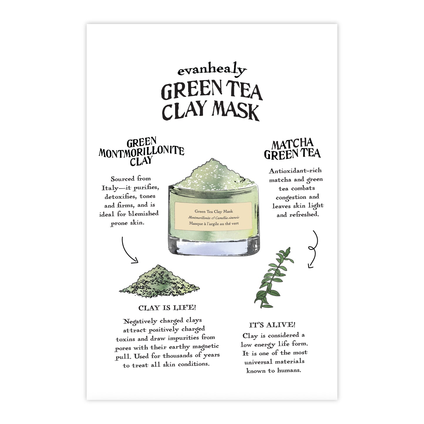 Front view of 4 by 6 Green Tea Clay Mask folklore postcard with illustrated mask jar and informational text