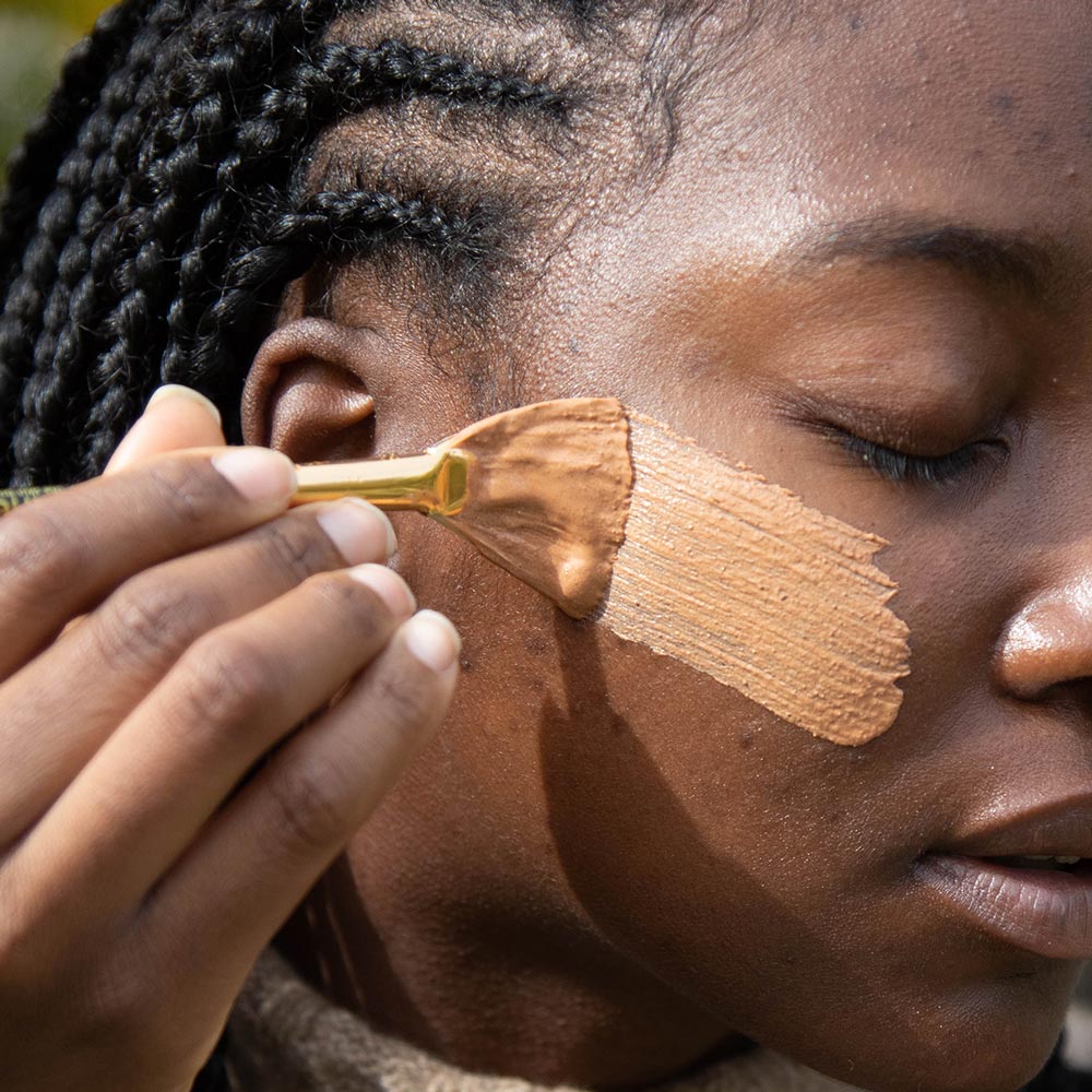 french rose clay applied with evanhealy fan mask brush