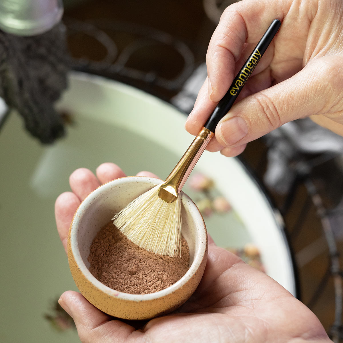 handcrafted facial clay in ceramic clay masking bowl with fan brush