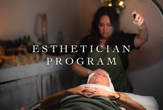 Esthetician spraying facial mist over a client on a treatment bed in a dim spa room, overlaid text ESTHETICIAN PROGRAM
