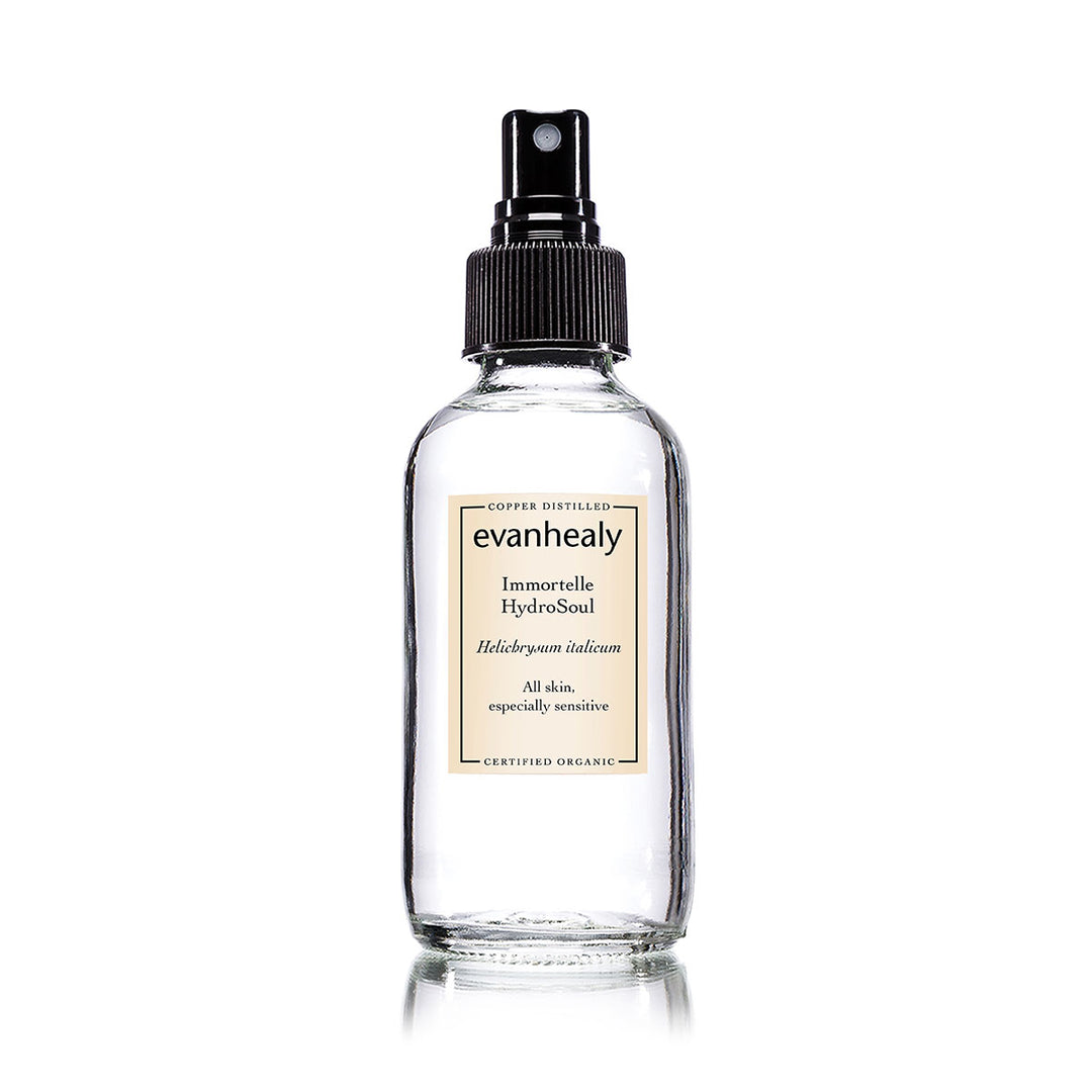 immortelle facial tonic hydrosol product in glass bottle with black pump