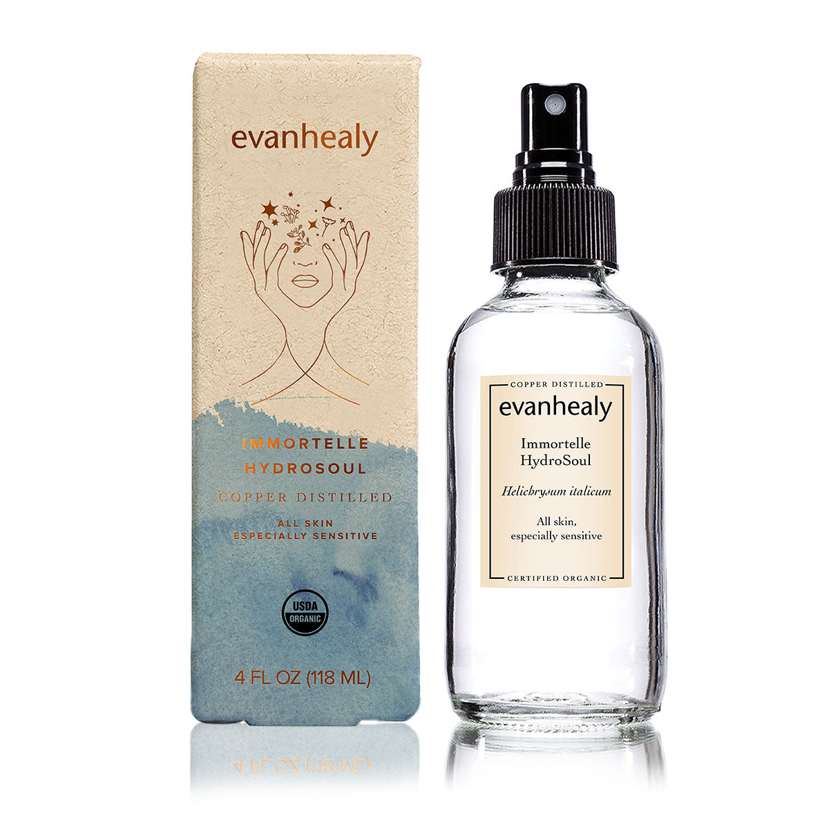 evanhealy immortelle hydrosol in glass jar with blue product box