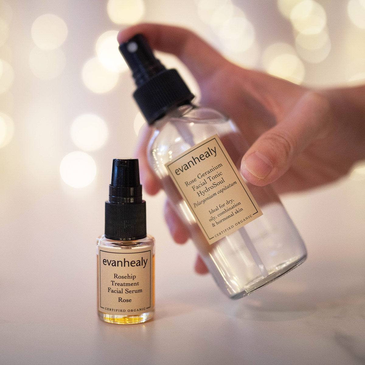 evanhealy skincare ritual for imbalanced skin with rose geranium hydrosol in hand