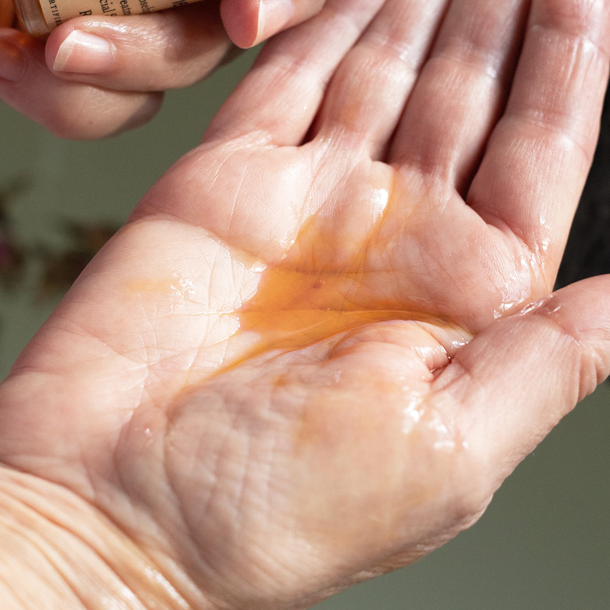 rosehip calming facial oil serum in palm of hand
