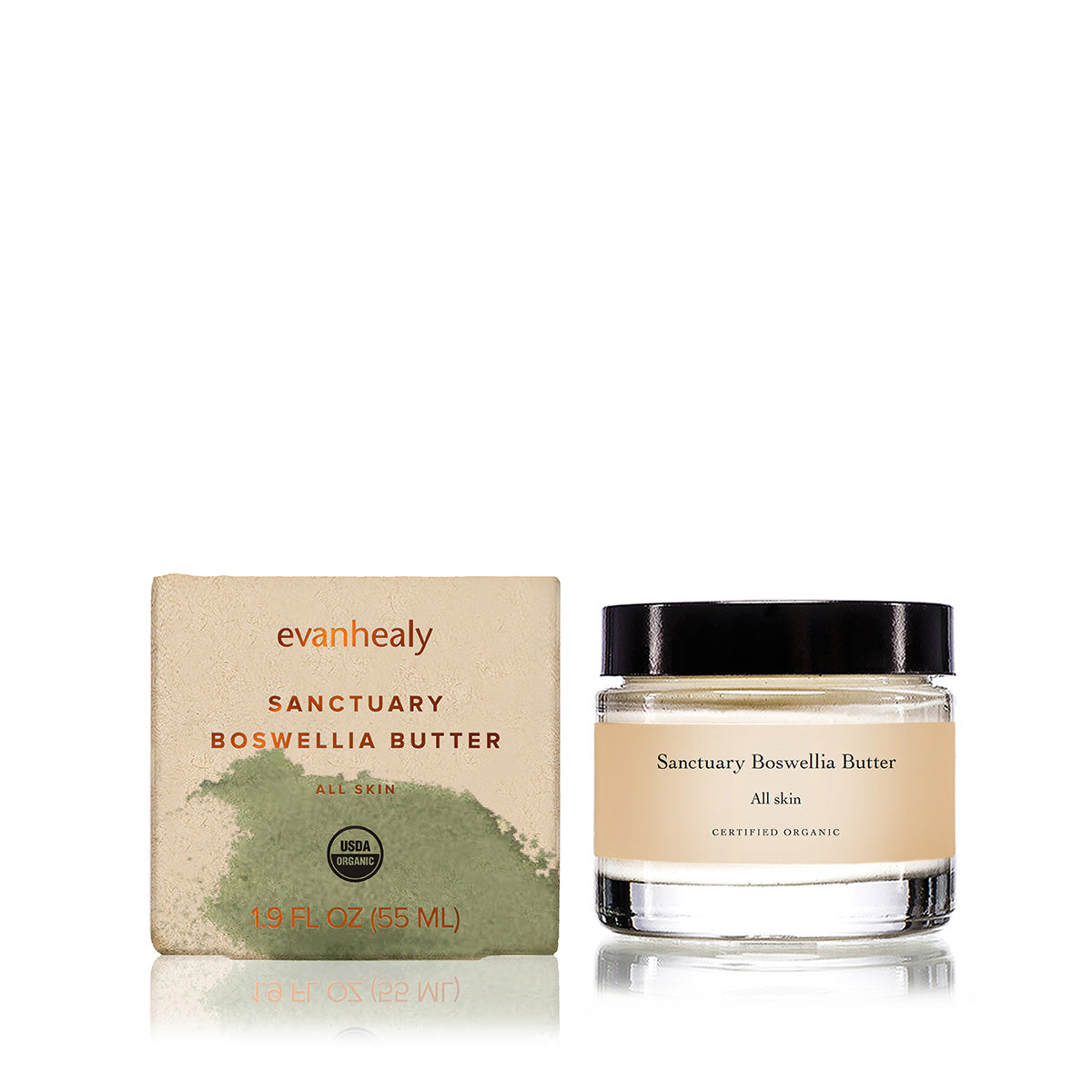 evanhealy sanctuary boswellia butter facial moisturizer with frankincense next to product box