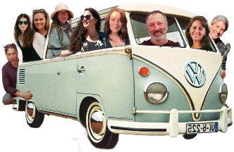 Vintage Volkswagen bus with smiling people in the windows, playful promotional banner for evanhealy’s regenerative journey